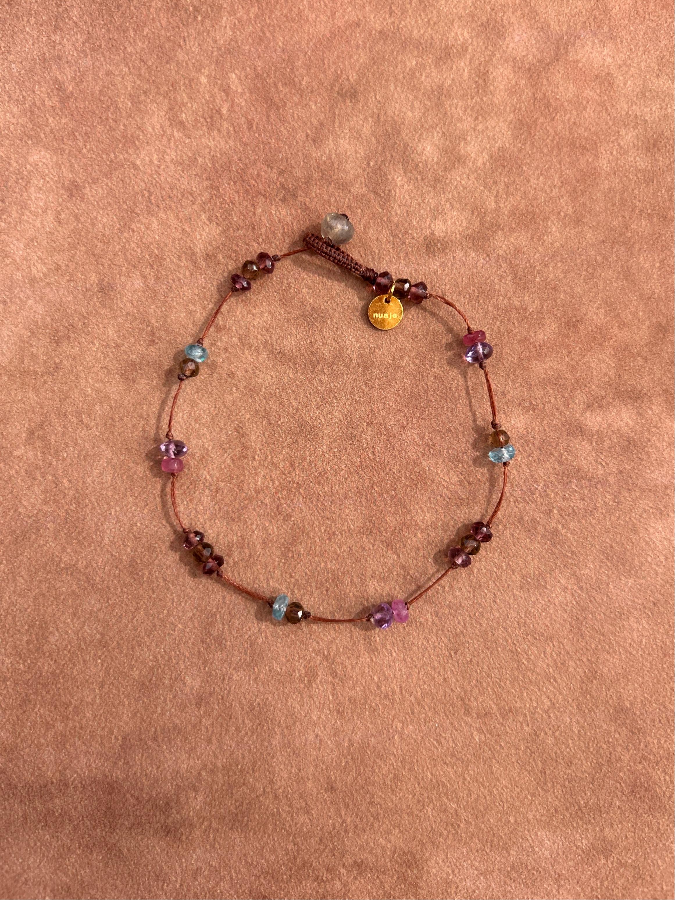 Bracelet tissé ou chaîne rallonge en améthyste, topaze bleue et quartz fumé