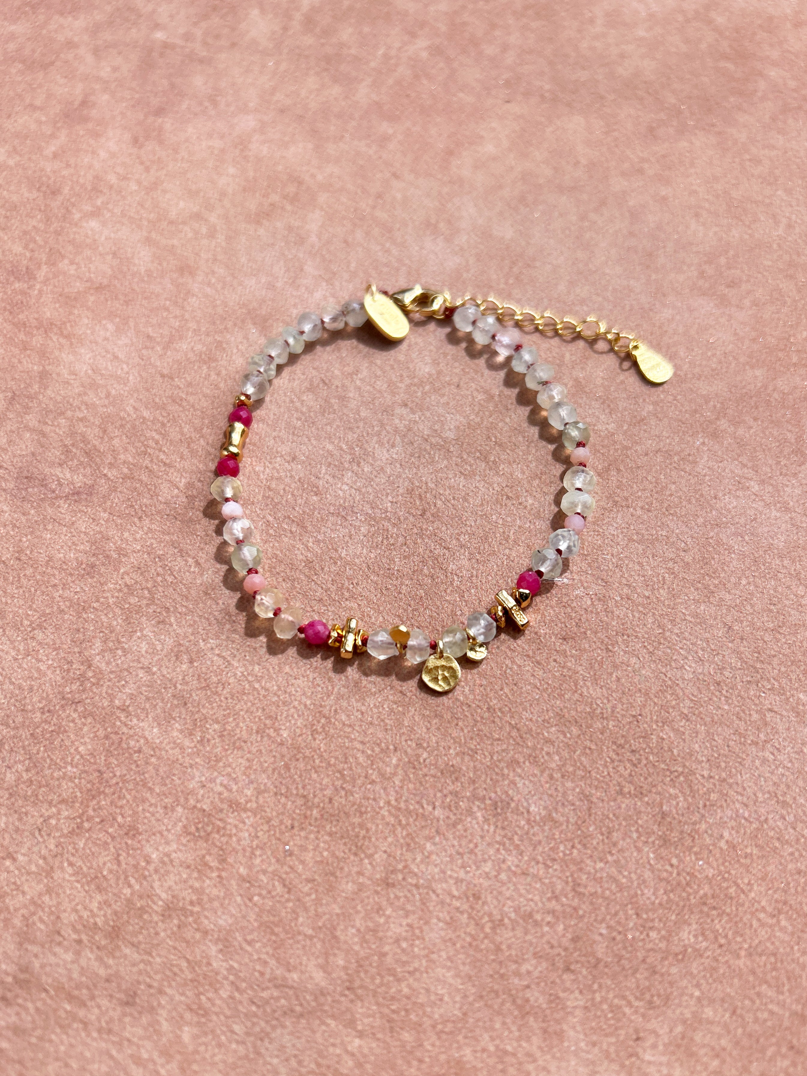 Bracelet tressé en pierre de chrysoprase et cristal rose