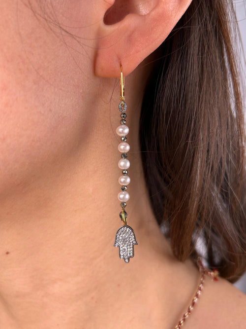 Boucles d'oreilles longues en pyrite jaune et pendentif Main protectrice
