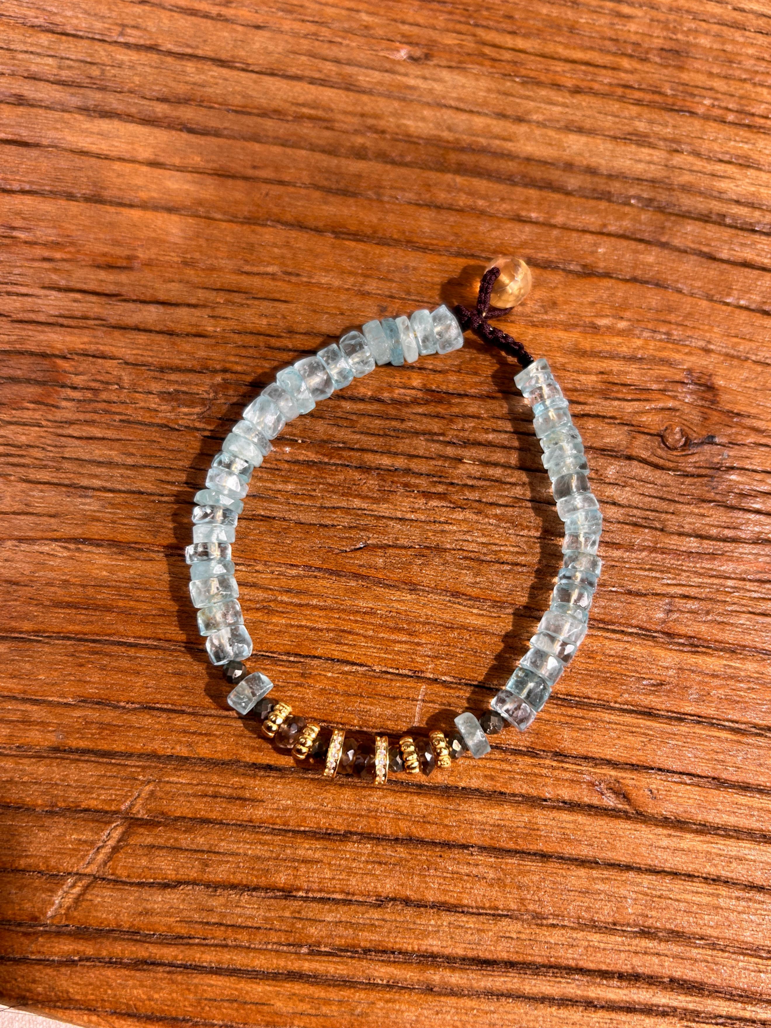 Bracelet en aigue-marine, cristal de fumée et pyrite