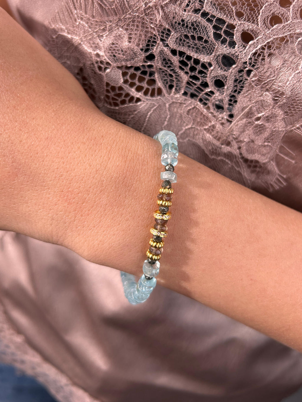 Bracelet en aigue-marine, cristal de fumée et pyrite